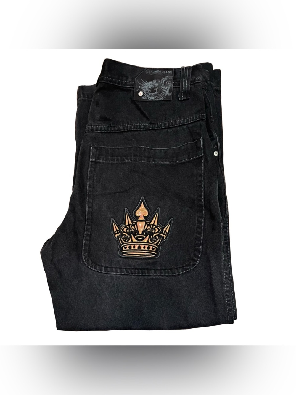 RARE JNCO Jeans Crown Pocket Baggy Skater Hip Hop Street Black Y2K Size 36x32